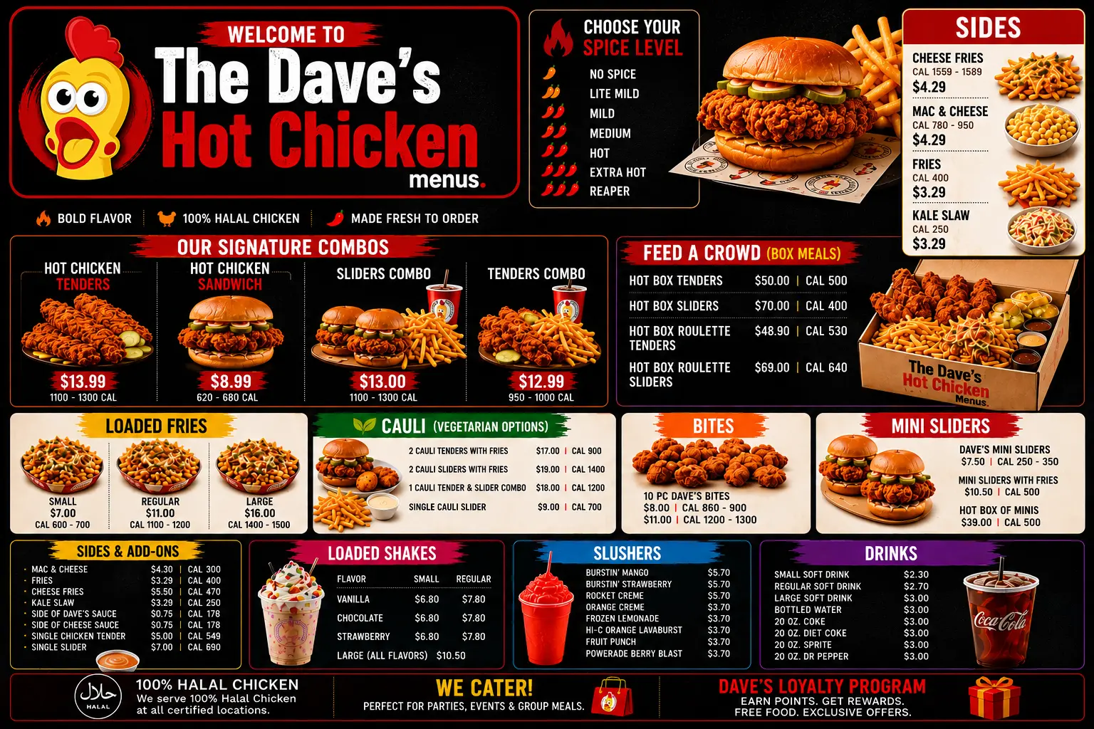 Dave's Hot Chicken Full Menu showing chicken tenders, sliders, combo meals, sides, drinks, spice levels, and prices.