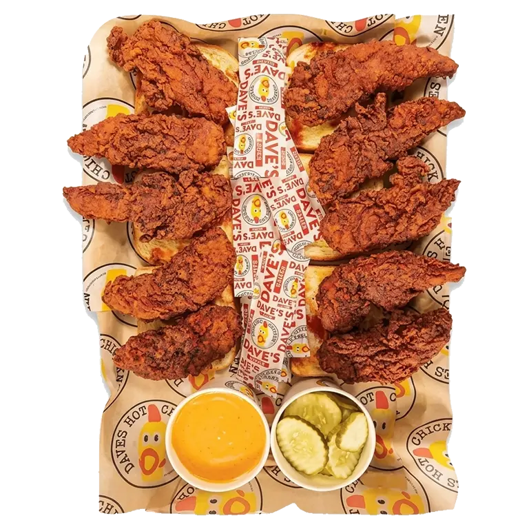 Hot Box Tenders meal featuring crispy chicken tenders, fries, dipping sauce, and combo menu details