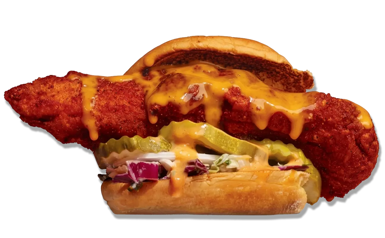 Hot chicken sandwich with crispy spicy fried chicken fillet, fresh bun, and sauce served as a delicious meal