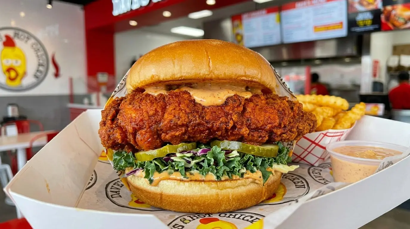 Hot Chicken Sandwich featuring crispy chicken with fresh toppings, sauce, and a soft bun.
