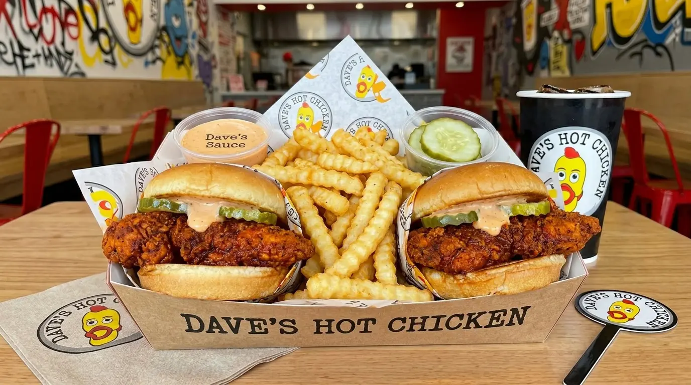 Sliders Combo meal featuring hot chicken sliders served with fries, pickles, and dipping sauce.