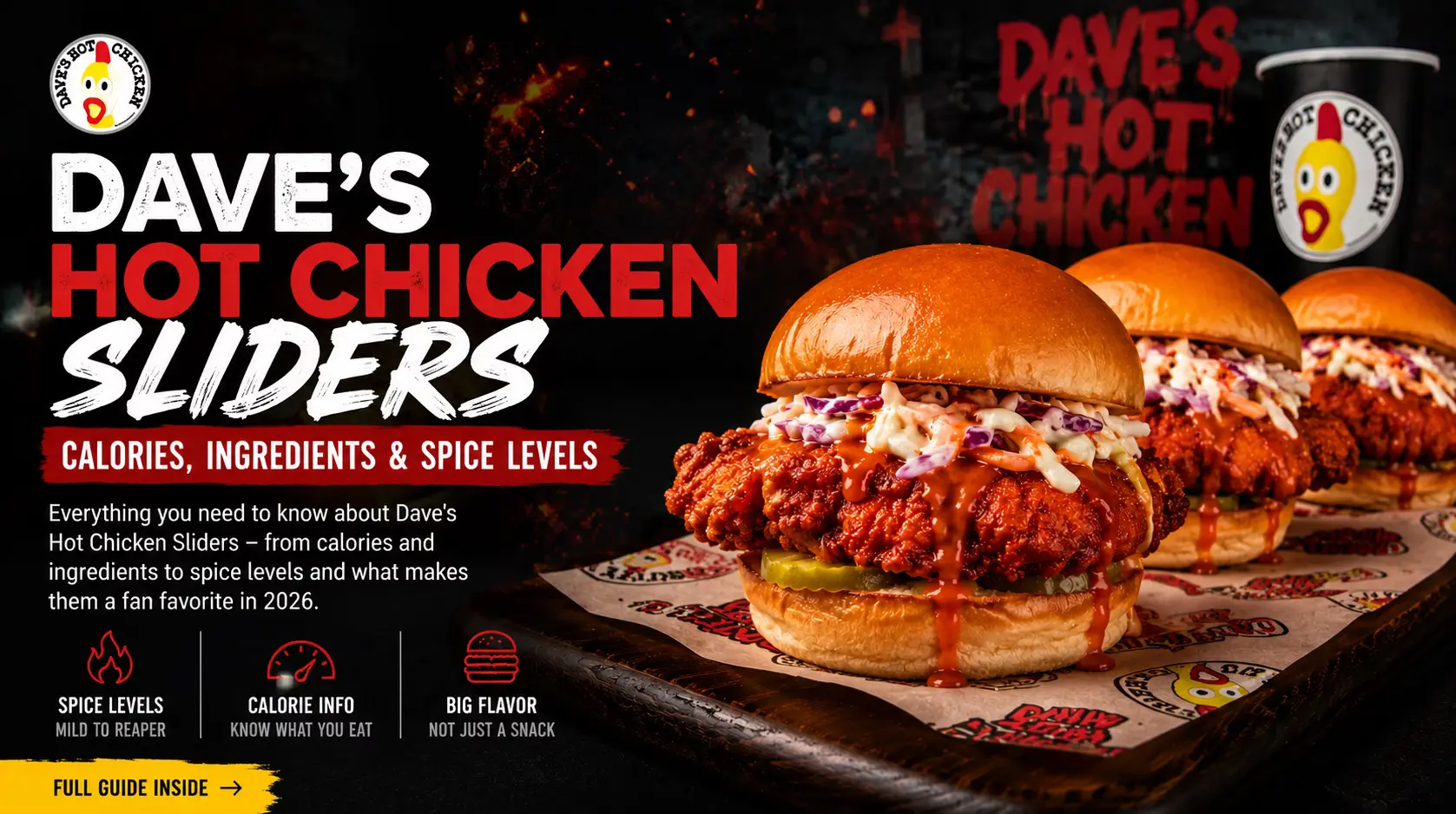 Dave's Hot Chicken Sliders with crispy chicken, coleslaw, and hot sauce on brioche buns